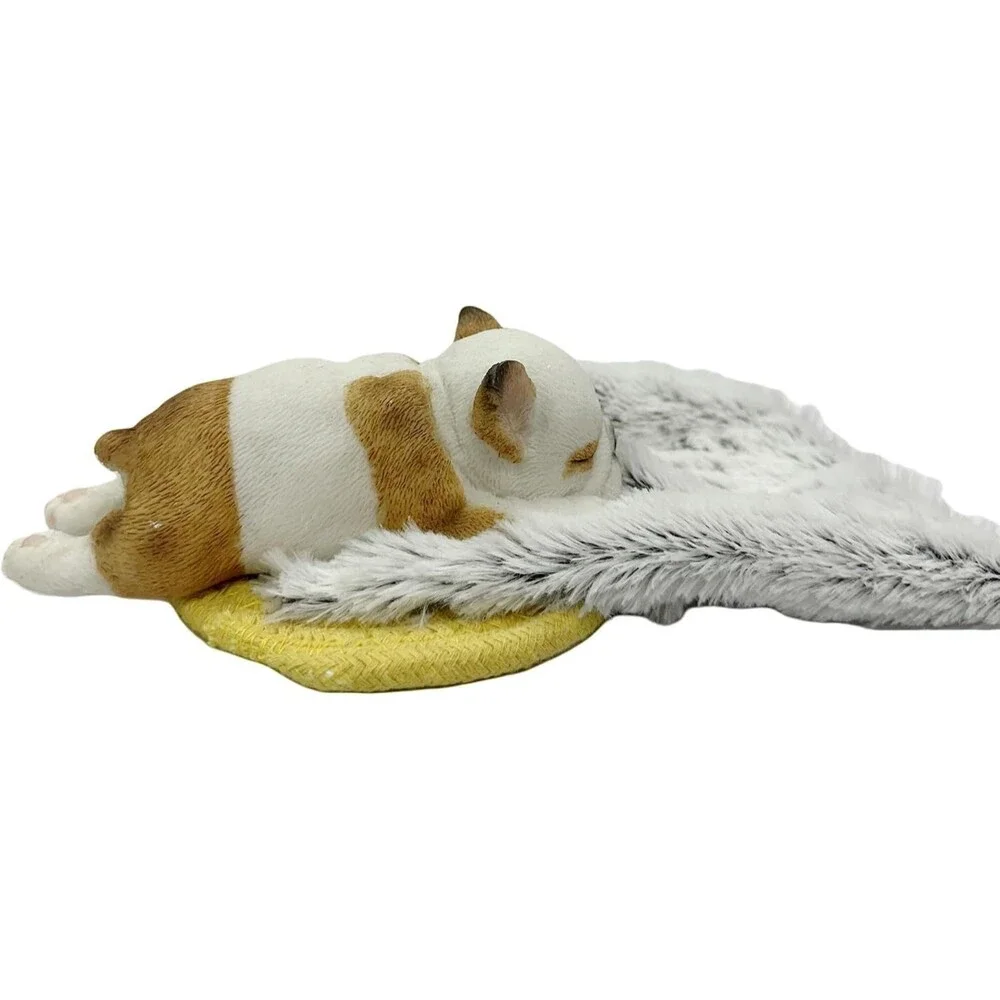 Sleeping French Bulldog Figurine Faux Fur Bed Realistic Puppy Statue Decor New